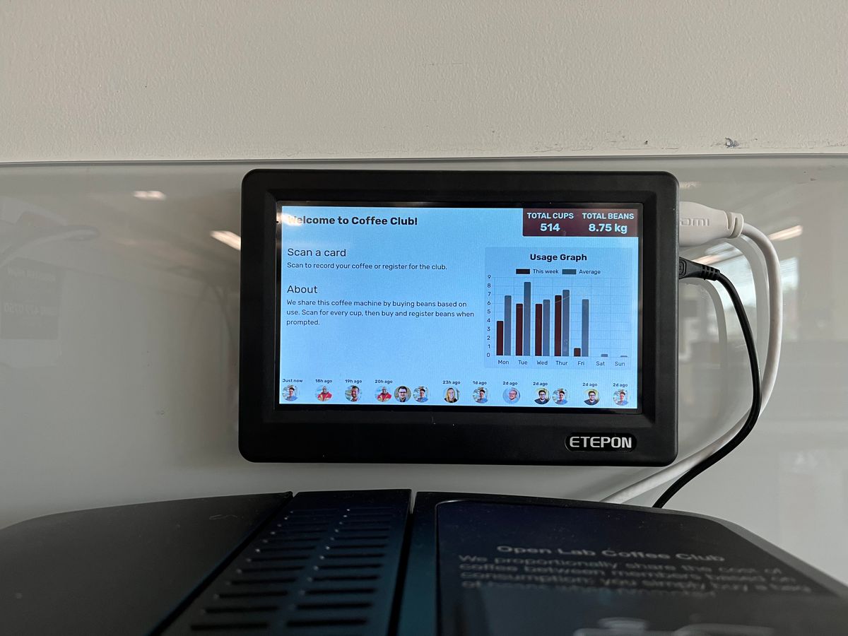The home screen of the coffee club, above our bean-to-cup machine.