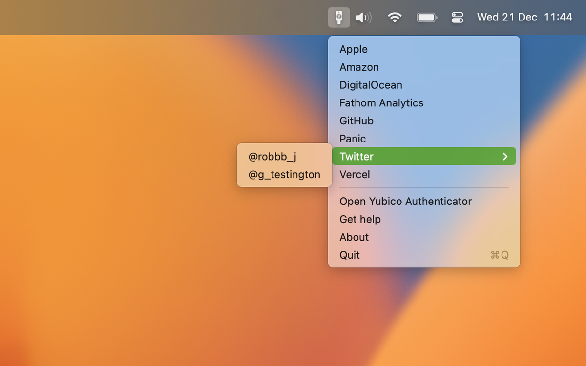 A macOS status bar menu showing available OATH accounts ready to generate codes for